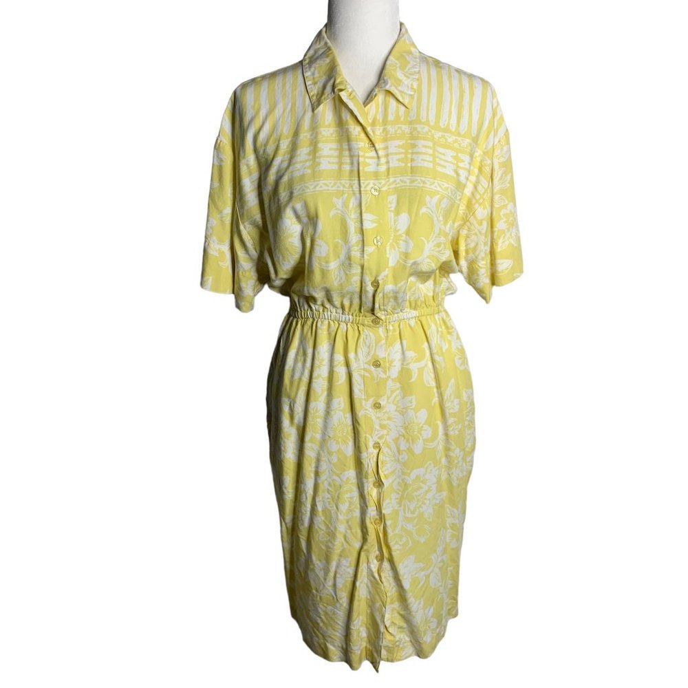 Vintage 80s Button Up Shirt Dress M Yellow Floral Short Sleeve Elastic Pockets - Picture 1 of 6